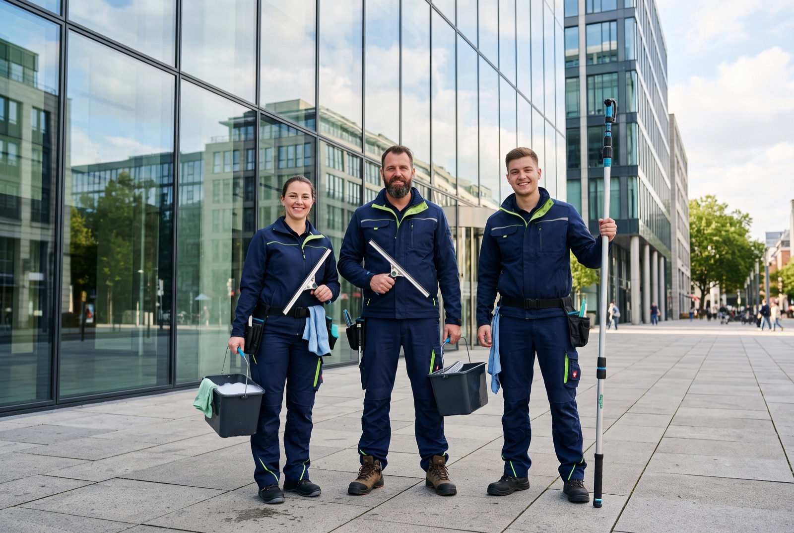 Das Team von AS Dienstleistungen vor einem Bürogebäude in Gladbeck